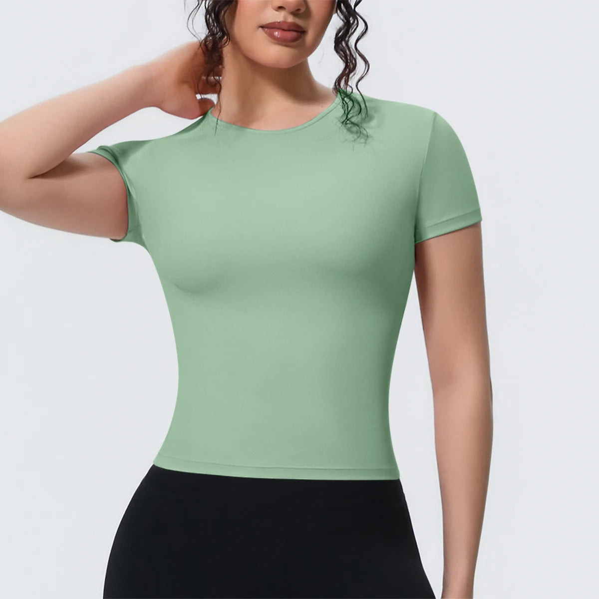 Damen Fitness-T-Shirt kurzarm, mintgrün, Rundhalsausschnitt, figurbetont