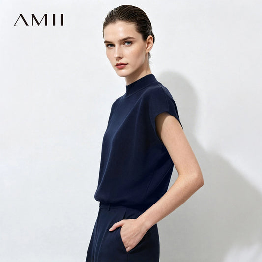 Damen-Strickpullover im Crop-Style, dunkelblau, hoher Kragen, kurze Ärmel