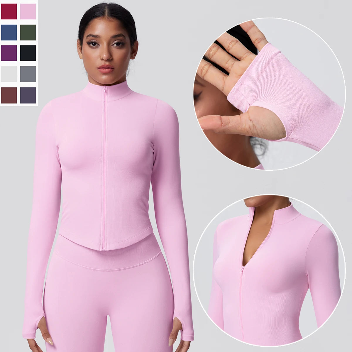 Damen Yoga-Jacke in Pastellrosa mit durchgehendem Reißverschluss und Stehkragen