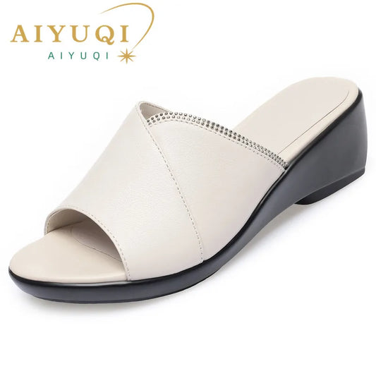 AIYUQI Frauen Hausschuhe Sandalen Aus Echtem Leder Sommer Neue Open-toe Frauen Schuhe Hausschuhe Große größe 41 42 43 Mama keil Frauen Rutschen