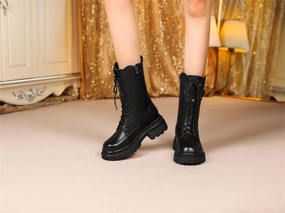 AIYUQI Women Boots Large Size Genuine Leather Thick Wool Warm Winter Biker Boots Women British Style Women Snow Boots