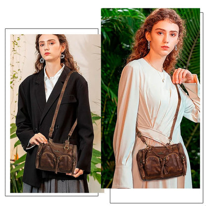 Damen-Umhängetasche in Vintage-Lederlook mit Mehrfachfächern und Top-Griff Reißverschluss