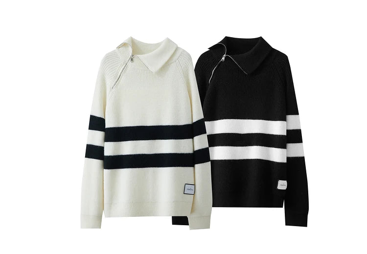 Rollkragenpullover aus Strick, gestreift, zwei Farben: cremeweiß und schwarz