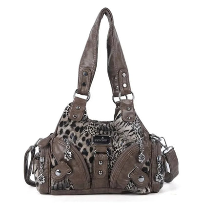 Damen Schultertasche Leopard-Print mit Mehrfachfächern und weichem Oberflächenfinish