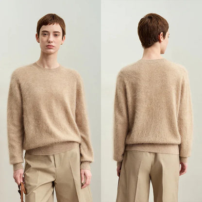 Beiger Damenpullover aus weichem Strick mit Rundhalsausschnitt und geripptem Saum
