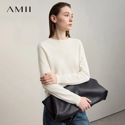 Amii Damenpullover aus Kaschmir, O-Ausschnitt, lange Ärmel, hellbeige, locker
