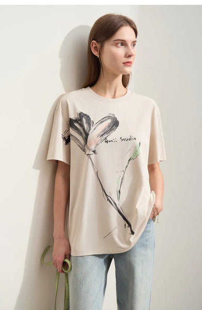 Damen T-Shirt im Minimalismus-Stil mit O-Neck und coolen Ink-Art Print