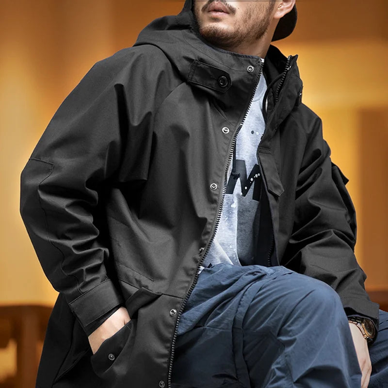 Herren Outdoor Sport Kapuzenjacke Windjacke Motorrad Stil Mittellanger Mantel Taschen Herbst