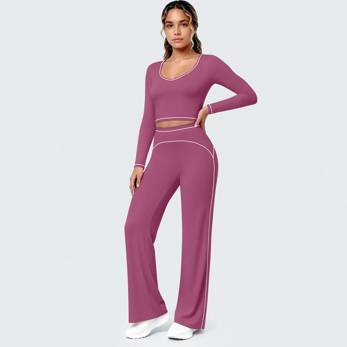 Damen Yoga-Set mit langärmligem Top und Schlaghose, Cut-out-Taille, mauve