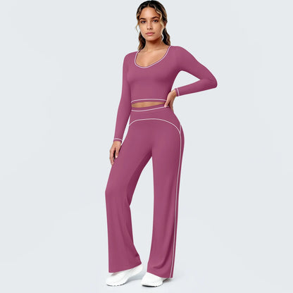 Damen Yoga-Set mit langärmligem Top und Schlaghose, Cut-out-Taille, mauve