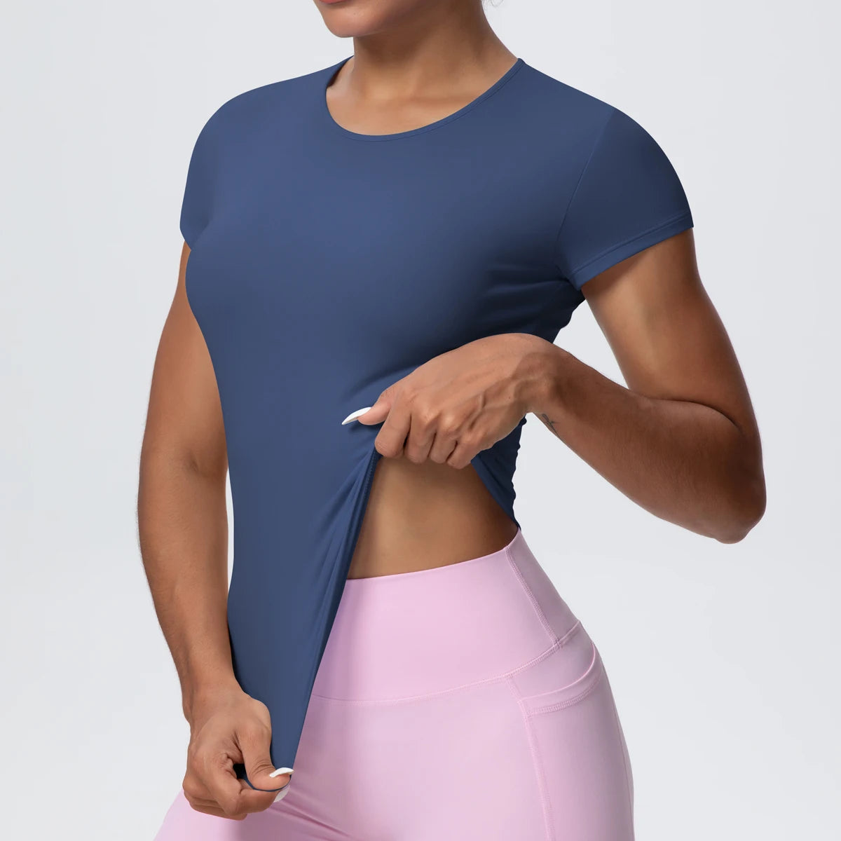 Damen-Yoga-Shirt, dunkelblau, kurzarm mit Rundhalsausschnitt, vorne