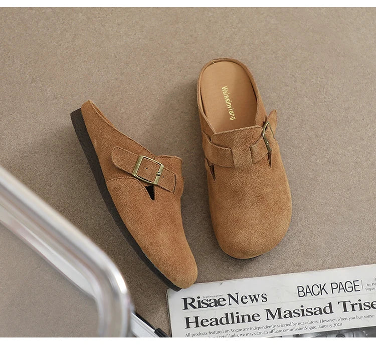AIYUQI Hausschuhe Frauen Echt Leder 2025, Neue Große Größe 41 42 43 Frauen Sommer Schuhe Retro Oberbekleidung Flache Faule halbe Hausschuhe Frauen