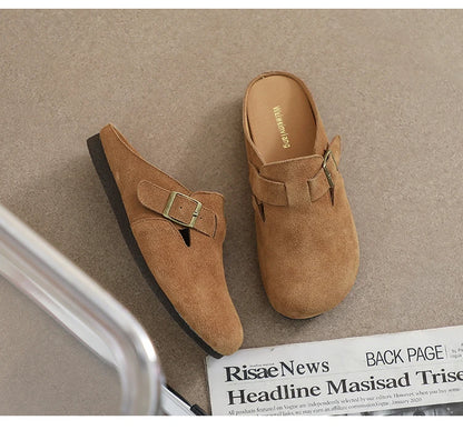 AIYUQI Hausschuhe Frauen Echt Leder 2025, Neue Große Größe 41 42 43 Frauen Sommer Schuhe Retro Oberbekleidung Flache Faule halbe Hausschuhe Frauen