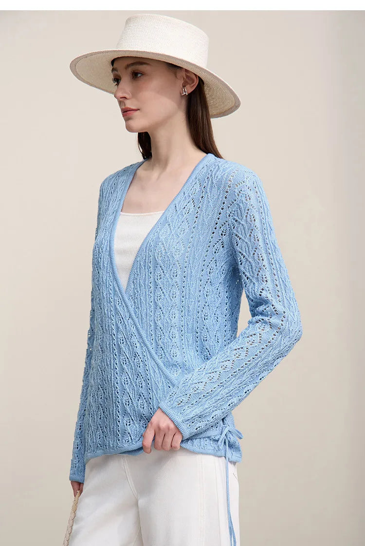 Damen-Strickjacke V-Ausschnitt Wolle Hohlstrick locker Langarm Frühling
