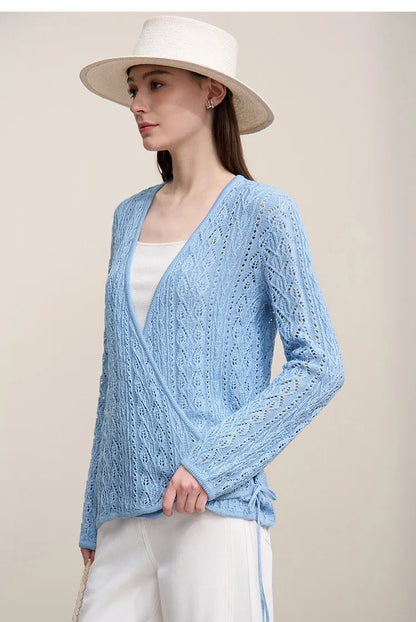 Damen-Strickjacke V-Ausschnitt Wolle Hohlstrick locker Langarm Frühling
