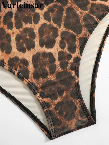 Damen Badeanzug Langarm Leopardenmuster mit Hose Einteiler gepolstert