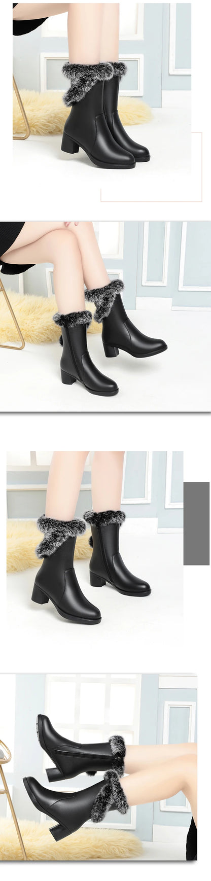 Damen Stiefel aus echtem Leder mit quadratischem Absatz und Fellfutter