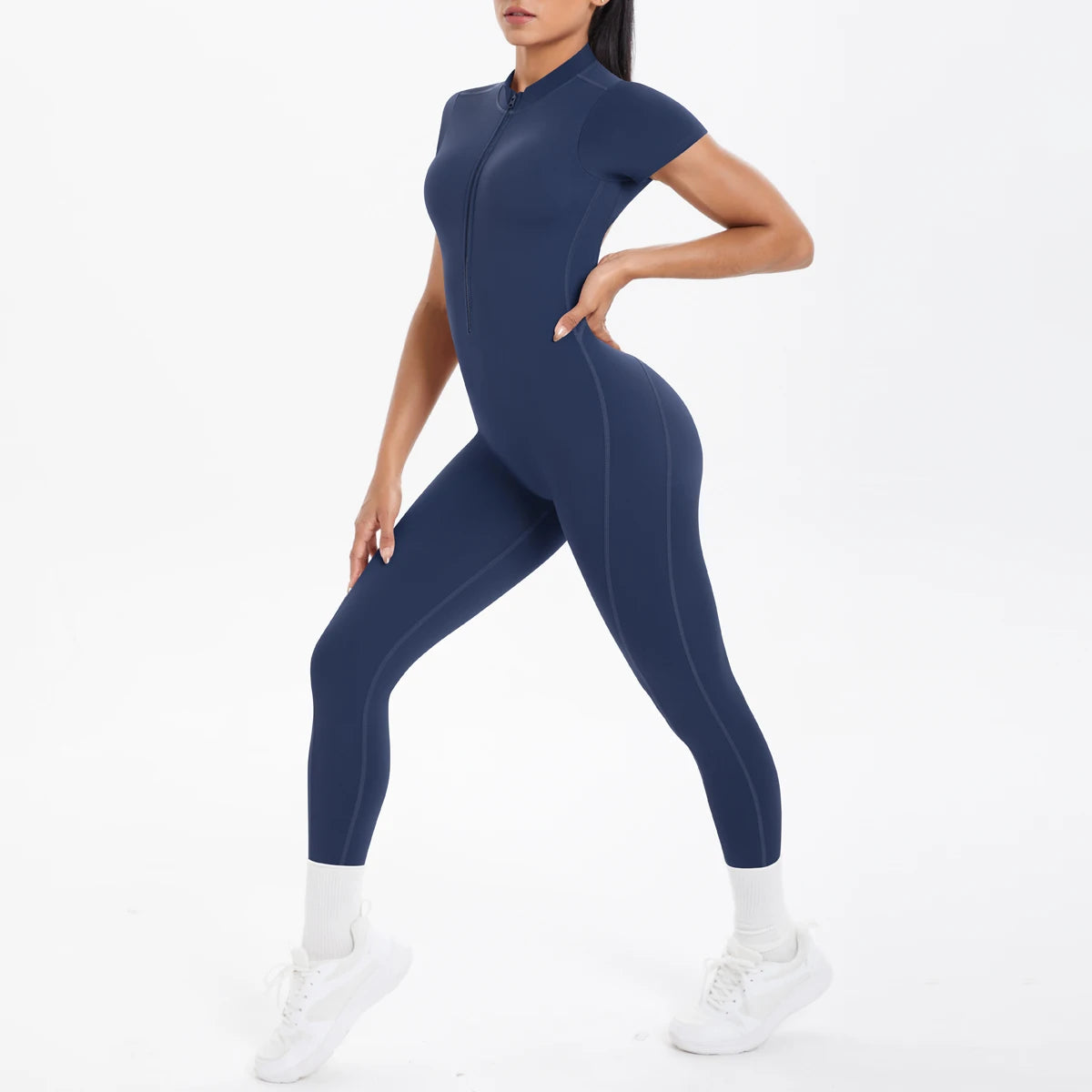 Kurzarm-Fitness-Bodysuit mit Frontreißverschluss, dunkles Marineblau, lange Beinpartie