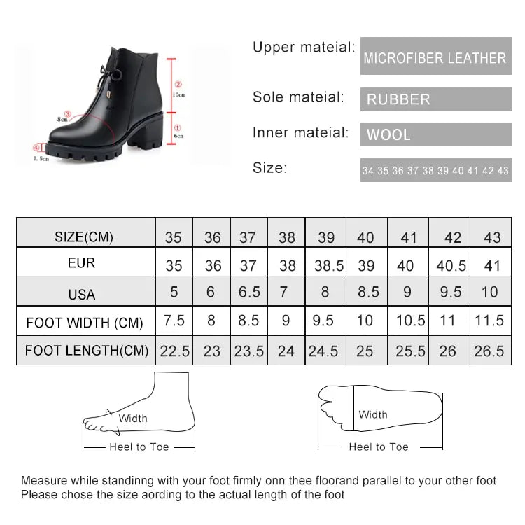 Material- und Größenangaben für Winterstiefeletten: Microfaser, Gummi, Wolle, Größe 35–43