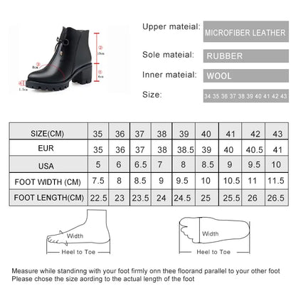 Material- und Größenangaben für Winterstiefeletten: Microfaser, Gummi, Wolle, Größe 35–43