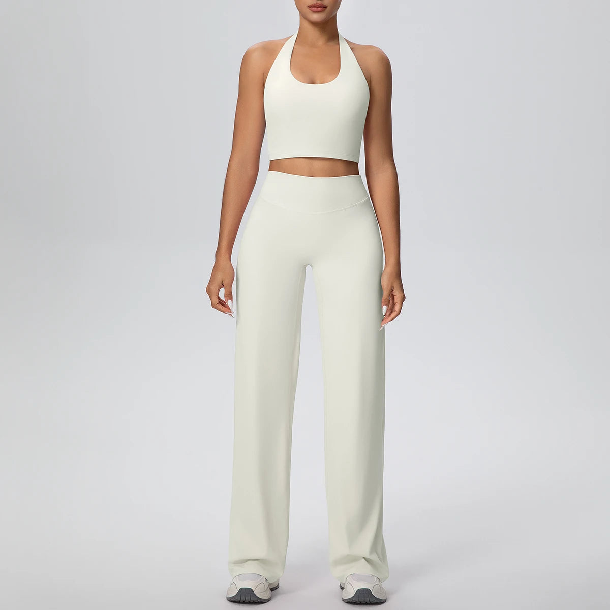 Yoga-Set für Frauen: Sport-BH und weite Hose, helles Creme/Offwhite, rutschfest