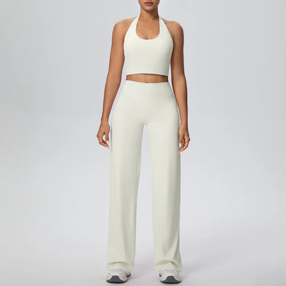 Yoga-Set für Frauen: Sport-BH und weite Hose, helles Creme/Offwhite, rutschfest