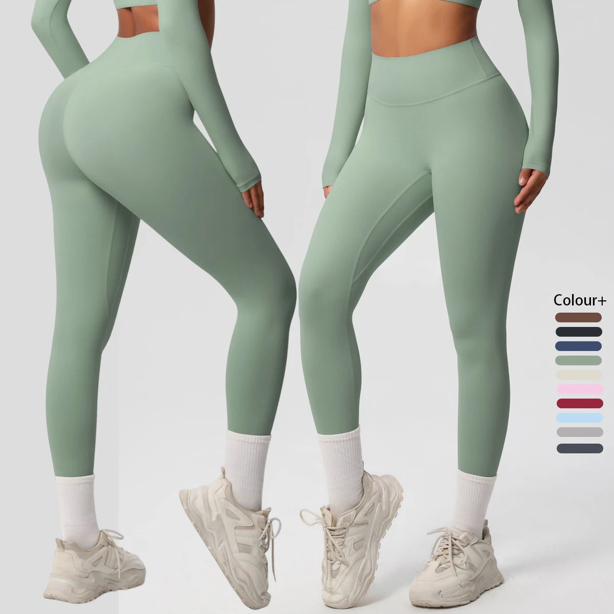 Damen-Yoga-Leggings in Salbeigrün, lang, eng anliegend, mit breitem Bund