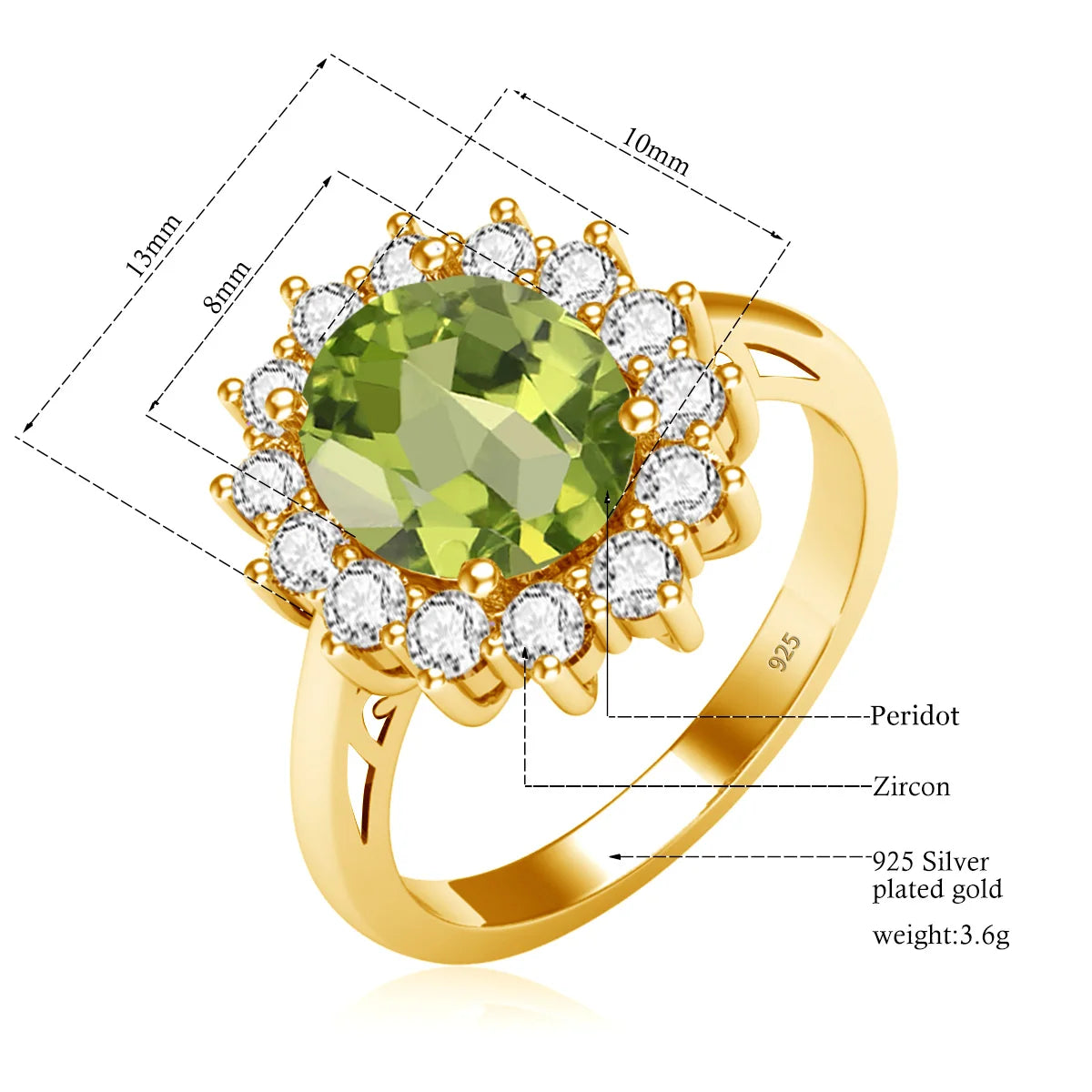 Damen-Ring aus Silber 925 mit Ovaler Schliff Peridot 8x10mm Vintage Stil Handgefertigt