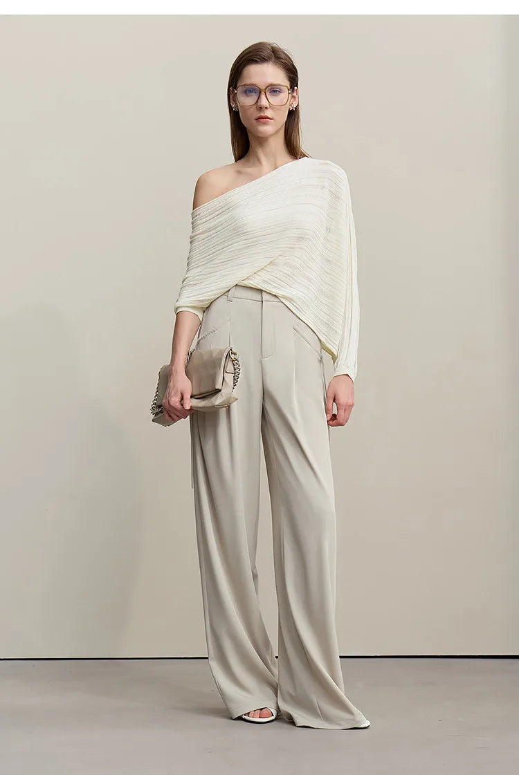 Beiger Damen-Crop-Strickpullover, schulterfrei mit überschnittenem Schnitt, lange Ärmel