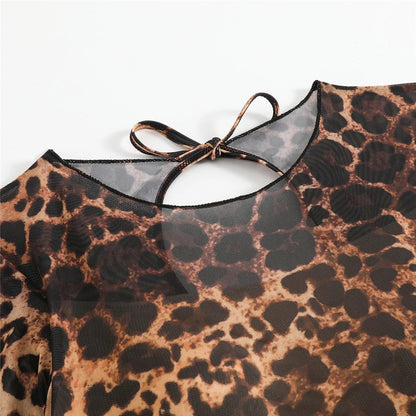 Damen-Badeanzug Leopard Langarm Shorts Set gepolstert einteilig