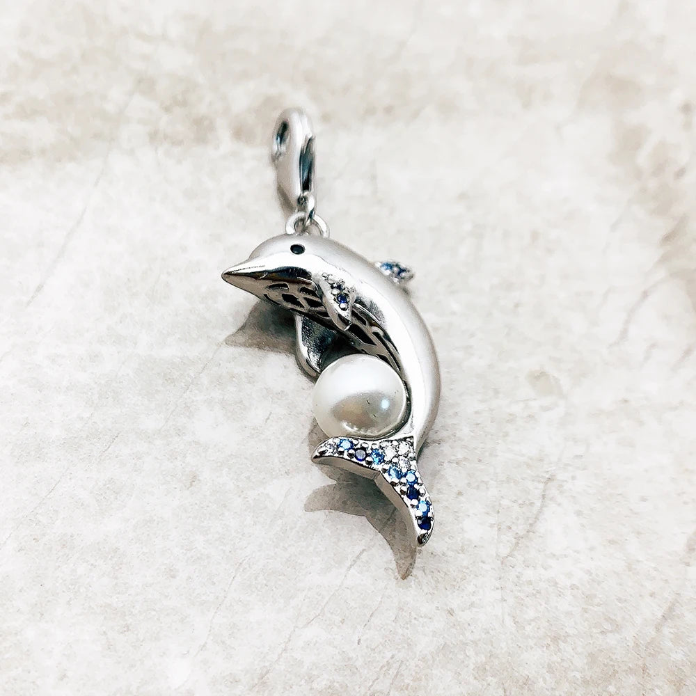 Damen-Charm-Anhänger Delfin mit Perle II aus Sterlingsilber