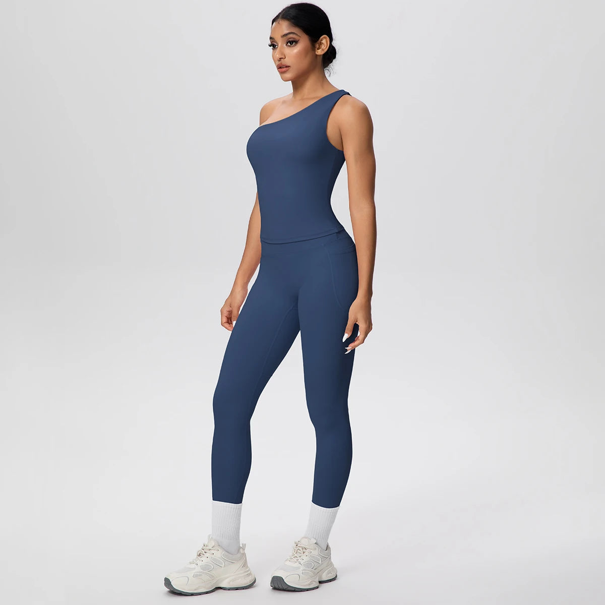 Yoga-Set aus einteiligem Top und Leggings, dunkelblau mit hellem Beinabschluss