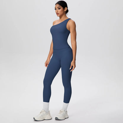 Yoga-Set aus einteiligem Top und Leggings, dunkelblau mit hellem Beinabschluss