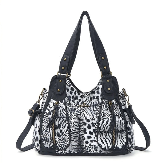 Damen-Schultertasche Aus Kunstleder Mit Leopardenmuster Und Große Kapazität Für Alltag