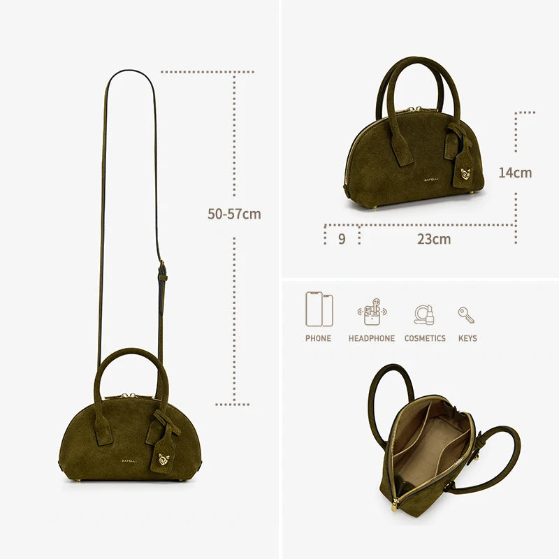 Bowlingtasche in Moss-Green mit Umhängeriemen und Übersicht zu Maßen und Fächern