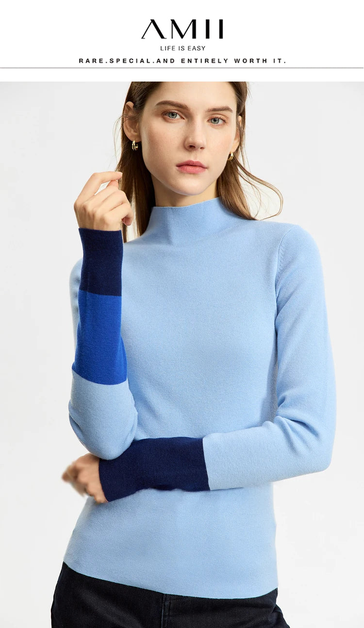 Damen-Halbrollkragen-Pullover Slim Farbkontrast Wolle-Mix Winter