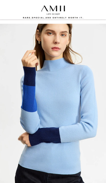 Damen-Halbrollkragen-Pullover Slim Farbkontrast Wolle-Mix Winter