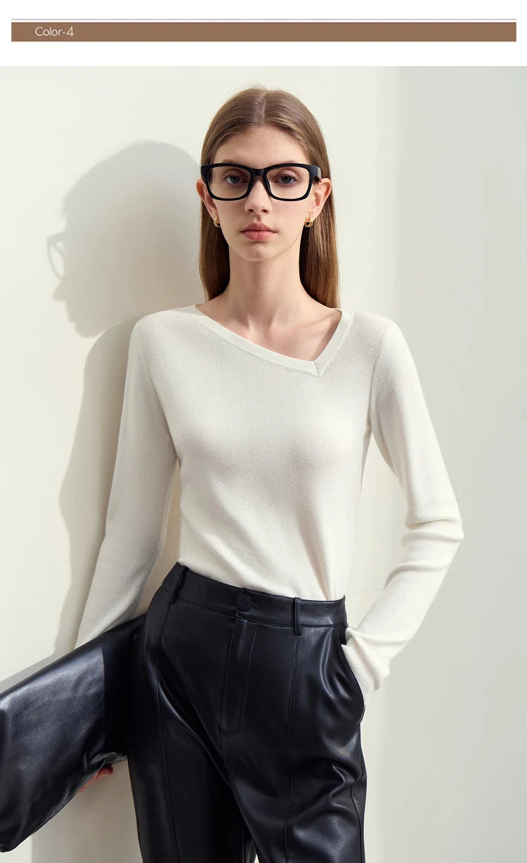 Damenpullover mit V-Ausschnitt, lange Ärmel, weiß, schmaler Schnitt