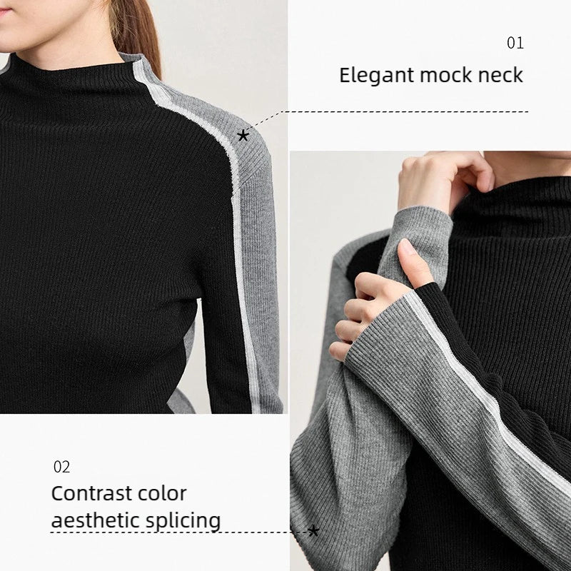 Damen-Halbrollkragen-Pullover Slim asymmetrisch Kontrast Winter