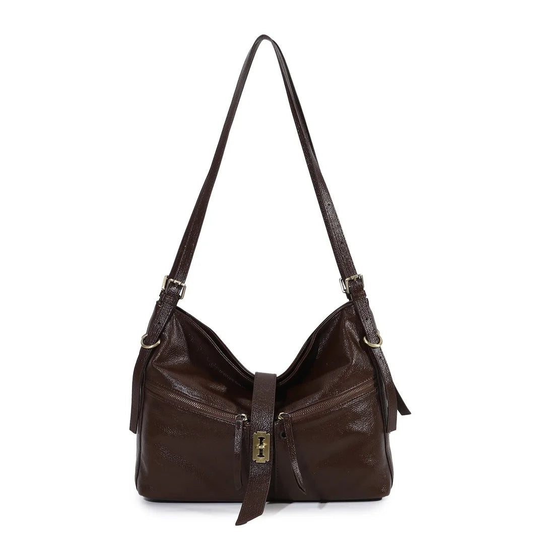 Damen-Schultertasche aus Vintage Öl-Wachs-Leder mit großem Stauraum und Mehrfach-Reißverschlussfächern