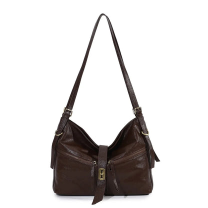Damen-Schultertasche aus Vintage Öl-Wachs-Leder mit großem Stauraum und Mehrfach-Reißverschlussfächern