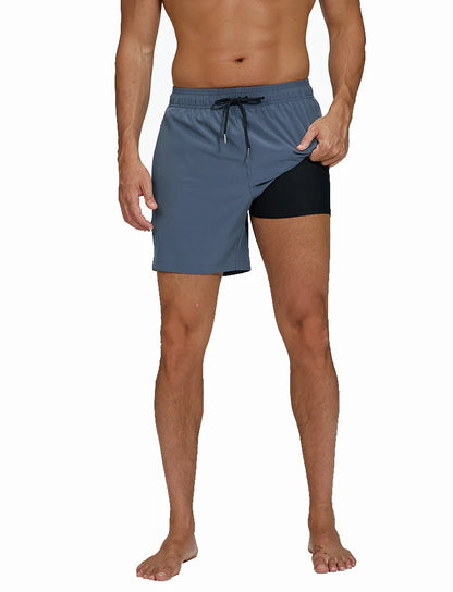 Lange Herren-Shorts aus Polyester mit Innenfutter und seitlicher Reißverschlusstasche – ideal für Strand und Fitnessstudio