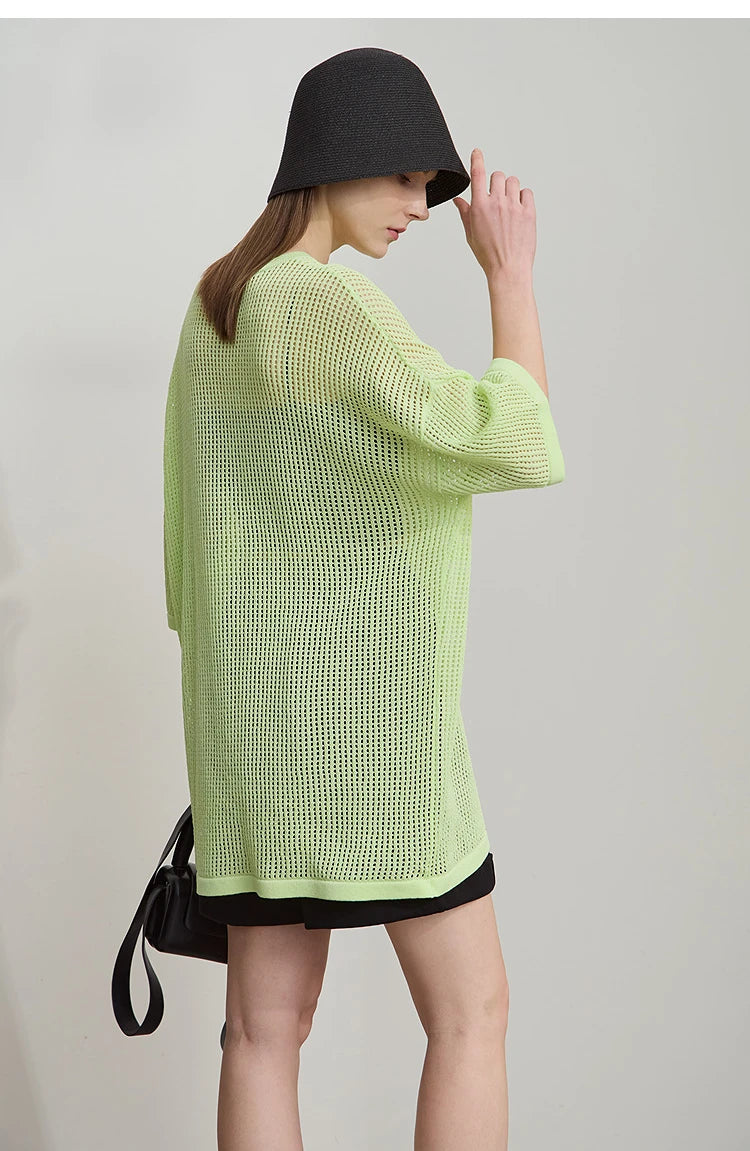 Damen-Rundhalspullover Buchstaben-Jacquard Halbarm locker Sommer