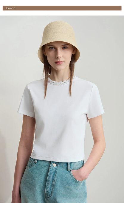 Damen Kurz-T-Shirt im minimalistischen Stil mit elastischen Perlen und Pailletten-Dekoration