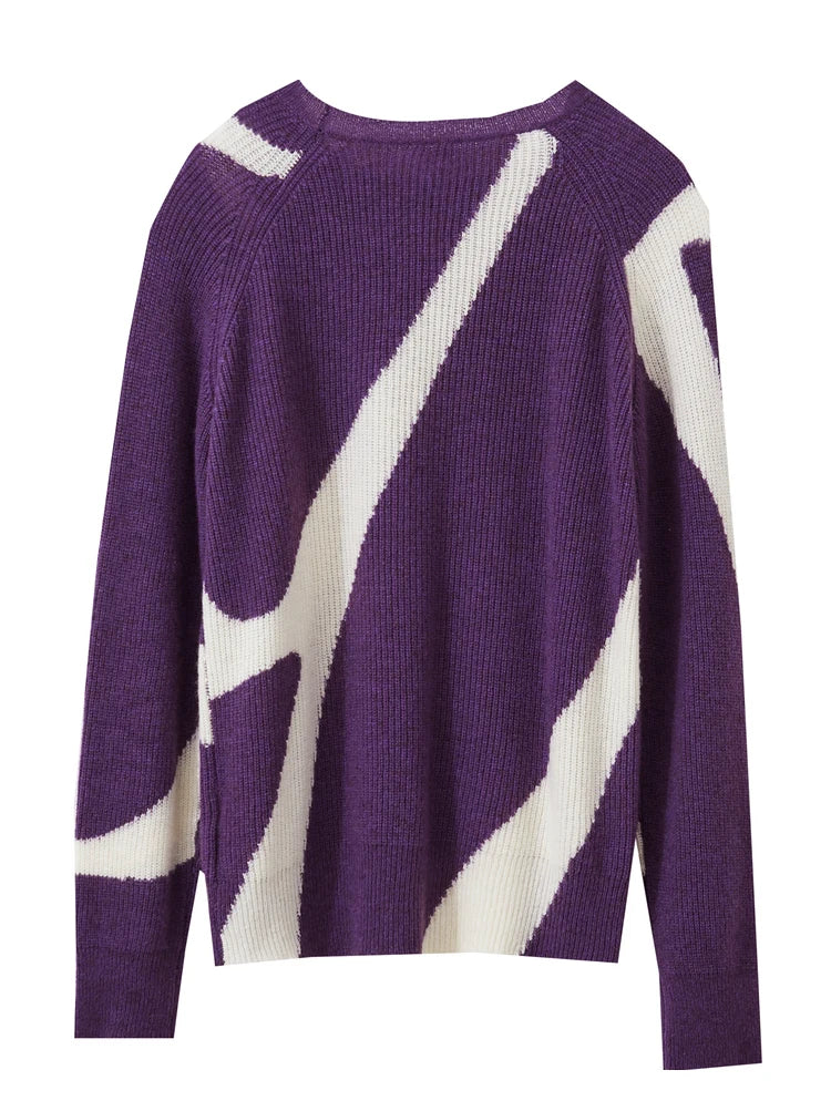 Damen-Rundhalspullover Wolle Yak asymmetrisch Patchwork locker Winter