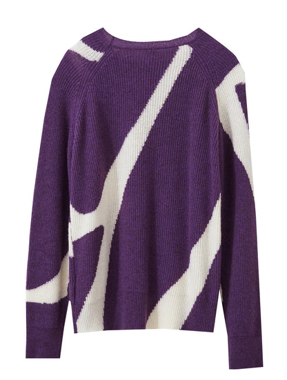 Damen-Rundhalspullover Wolle Yak asymmetrisch Patchwork locker Winter