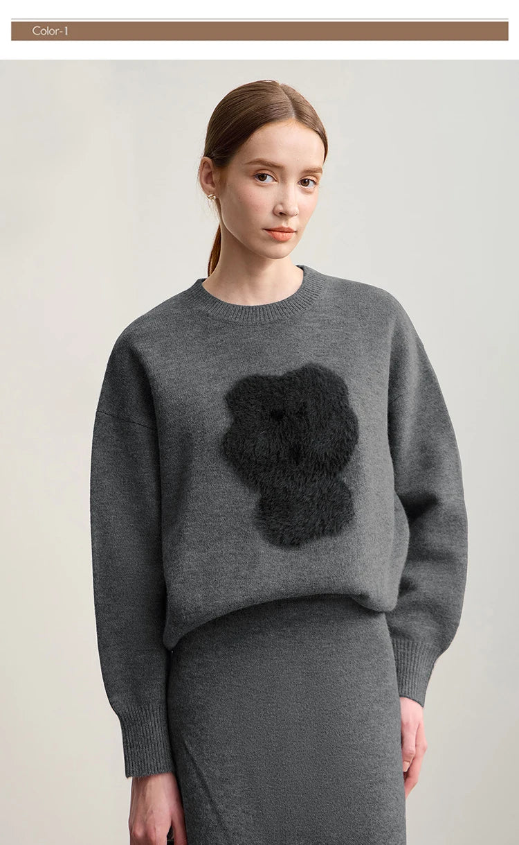 Minimalistischer Damenpullover, Rundhalsausschnitt, langarm, dunkelgrau mit schwarzem Bärenmotiv