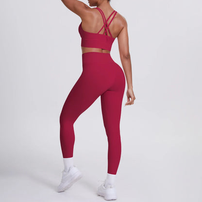 Damen-Fitness-Set: bordeauxrotes High-Waist-Set mit Sport-BH und gekreuzten Trägern