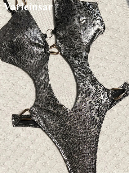 Damen-Badeanzug Schlangenhaut V-Ausschnitt Cut-Out rückenfrei Monokini