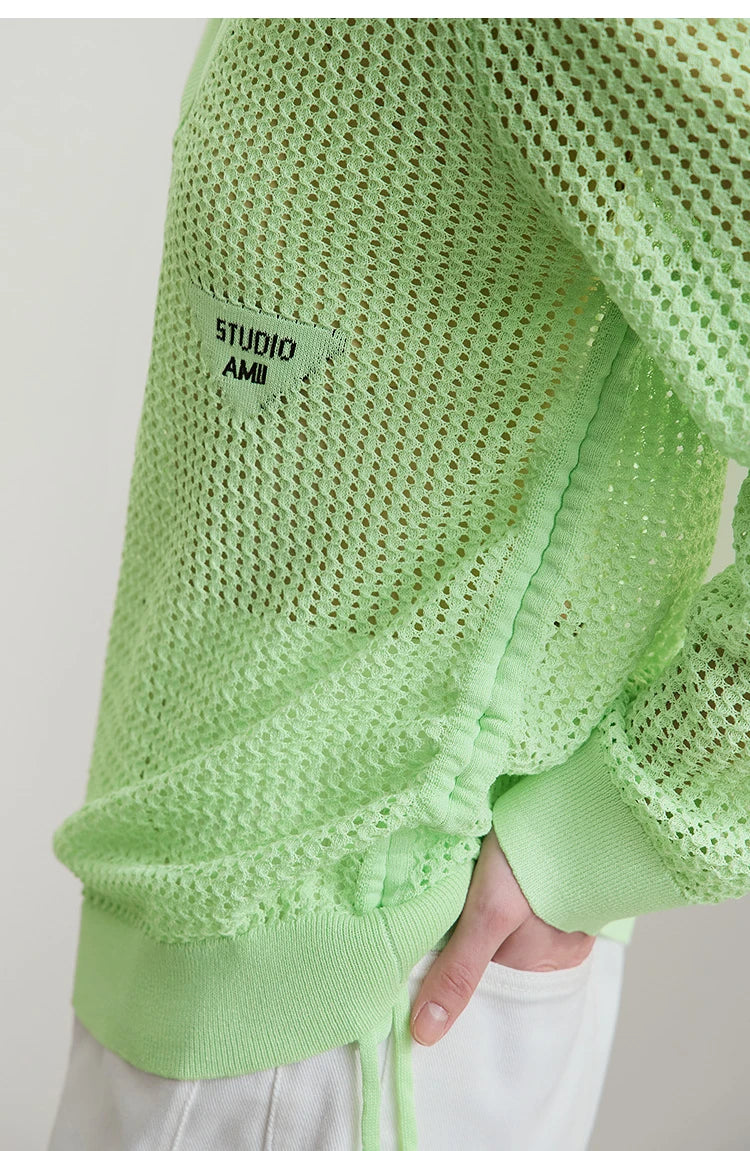 Damen-Strickpullover im Lochmuster, hellgrün, mit Label „STUDIO AMII“